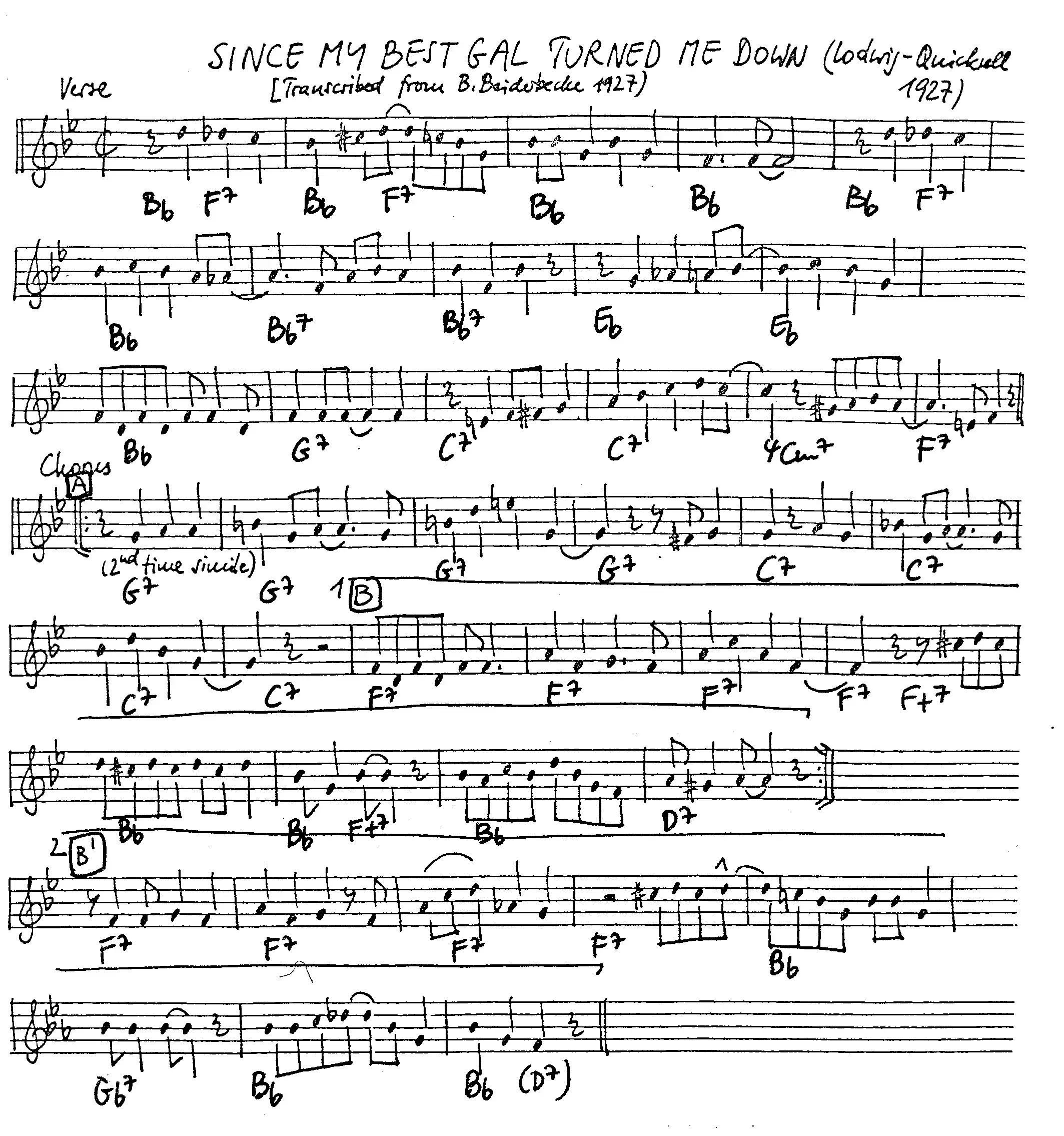 since my best gal turned me down free jazz leadsheet - Courtesy of the Jungle Jazz Band